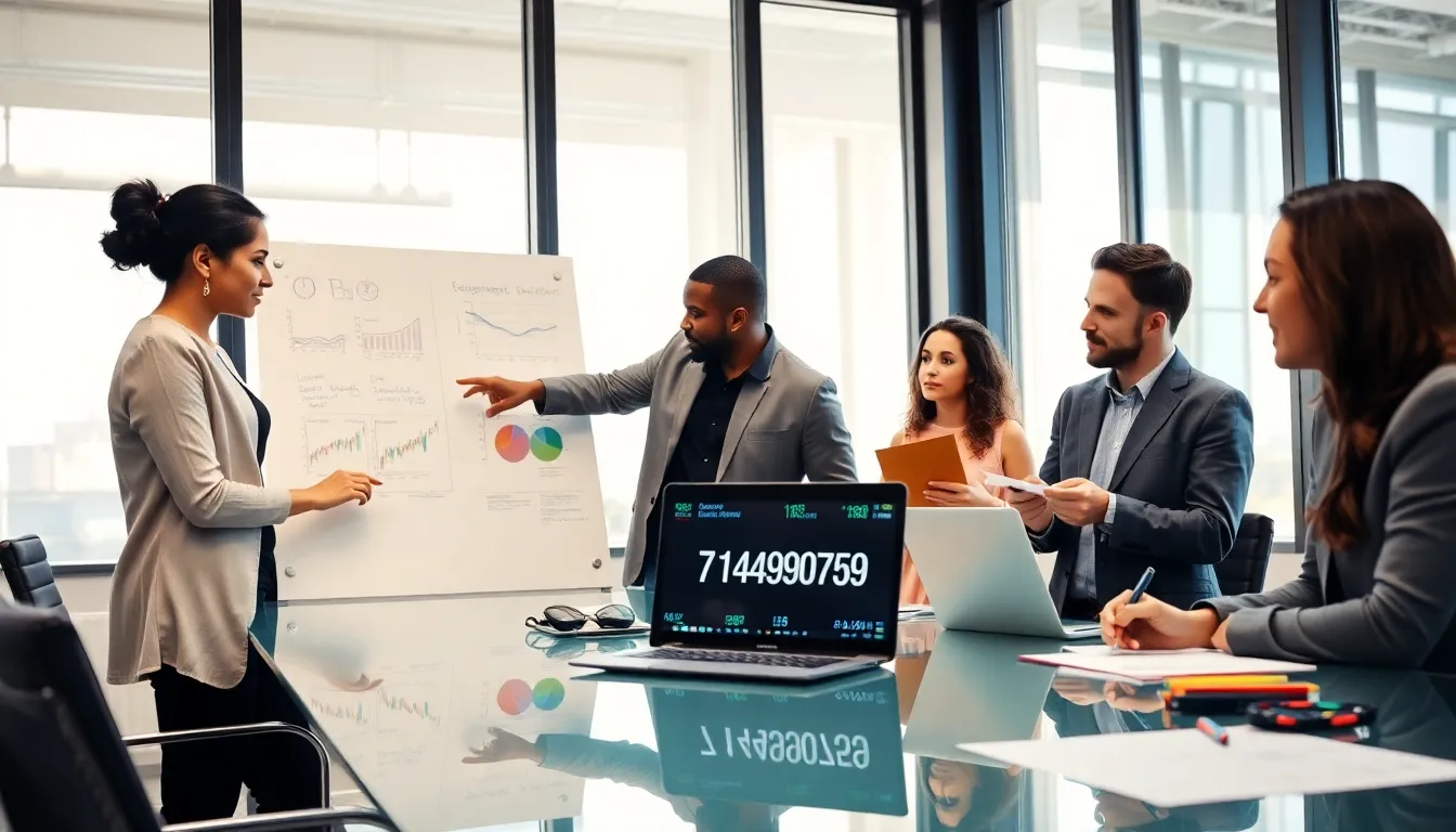 diverse professionals discussing data in a modern office.